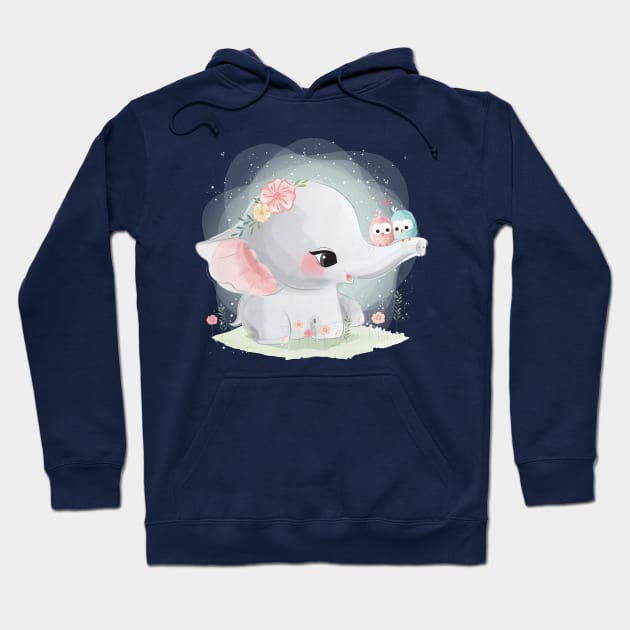 elephant with bids on trunk Hoodie by Mako Design 
